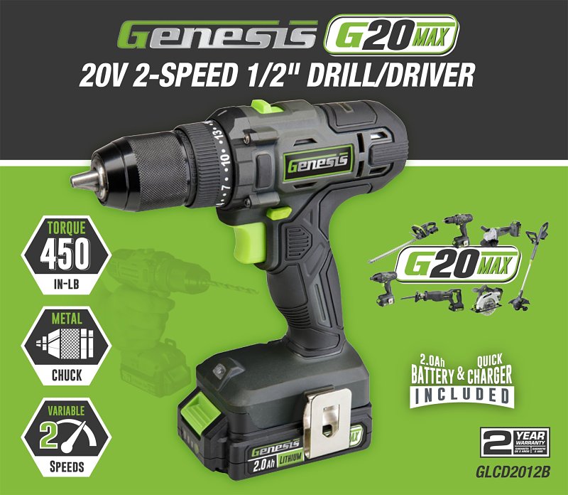 Genesis 20-Volt Cordless Li-Ion 2-Speed 1/2-In. Drill Driver, GLCD2012B, GLCD2012B