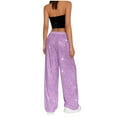 thumbnail image 5 of WULMLEO Women's Shiny Sequin Wide Leg Pants Elastic Waist Sparkly Baggy Pants Light Purple S, 5 of 6
