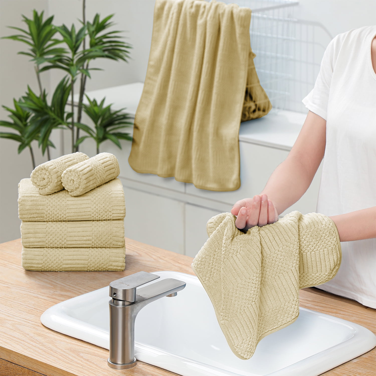 Beartech 18 Piece Bath Towel Set-6 Bath Sheet,6 Hand Towel,6 Washcloths Ultra Soft Microfiber Towels,Luxury Shower Towel,Quick-Dry & Highly Absorbent Bathroom Towels for Family,Hotel Spa-Yellow