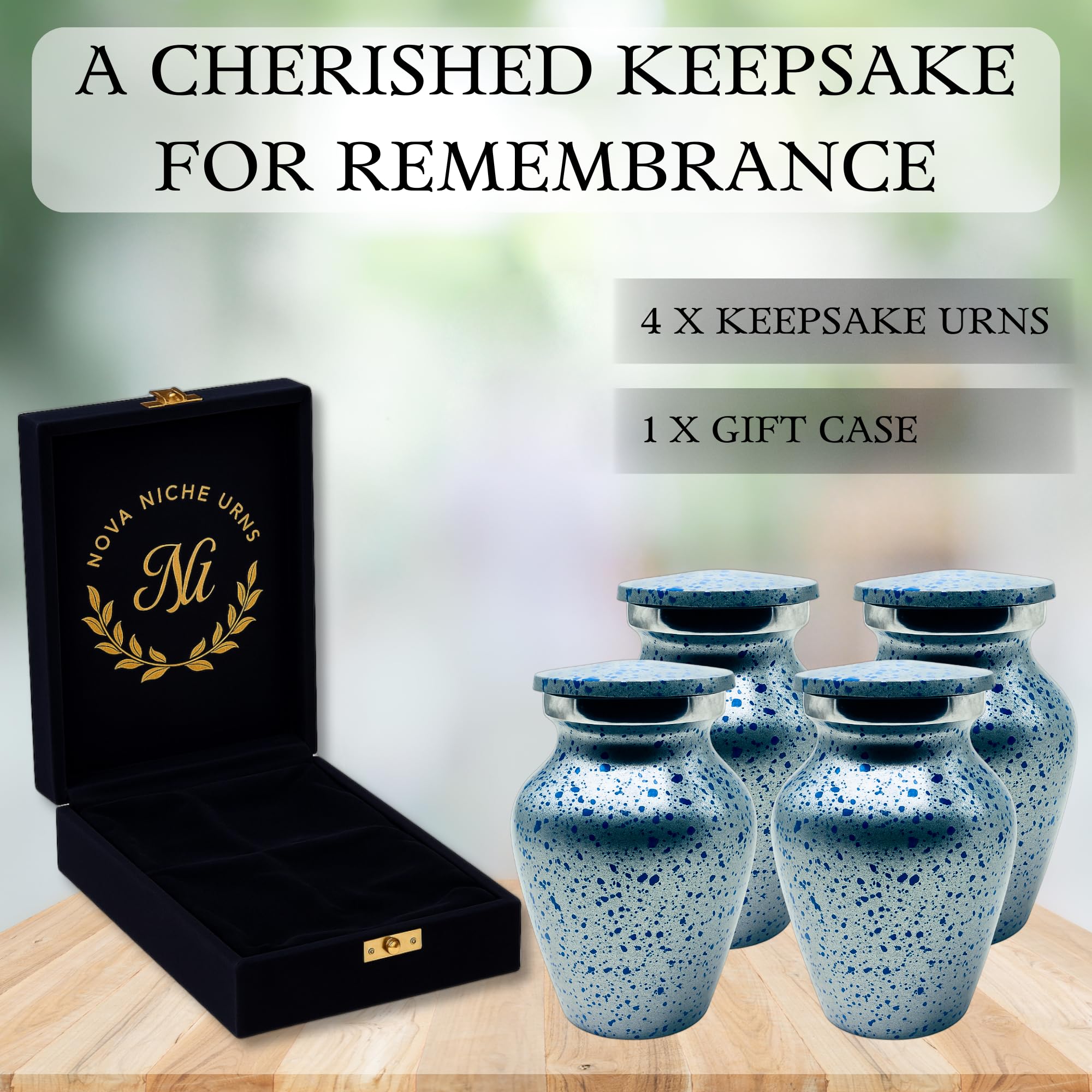 Nova Niche Urns Small Size Cremation Urn for Human Ashes, Mini Keepsake Set of 4 Blue and Silver with Velvet Case