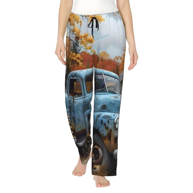 Fotbe Rustic Vintage Truck Autumn Pantalones de Pijama para Mujer, Pantalones de Dormir, Pantalones Pj con Cordón y Bolsillos-Small