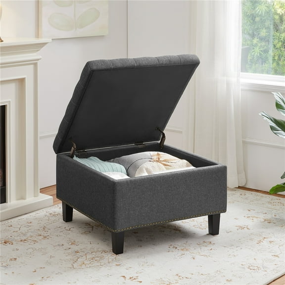Yaheetech Square Linen Fabric Storage Ottoman Footstool with Solid Wood Legs, Dark Gray