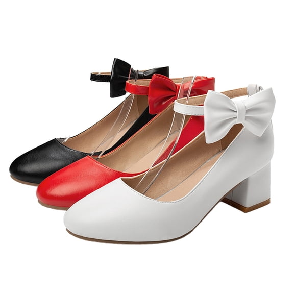Healifty Women's Small Heel Black PU Shoes with Rubber Sole, Chunky Mid-Heel, Buckle Strap, Comfortable Toe Design, 1 Pair