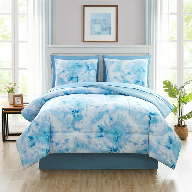 Mainstays Blue Tie Dye 6 Piece Bed in a Bag Comforter Set with Sheets