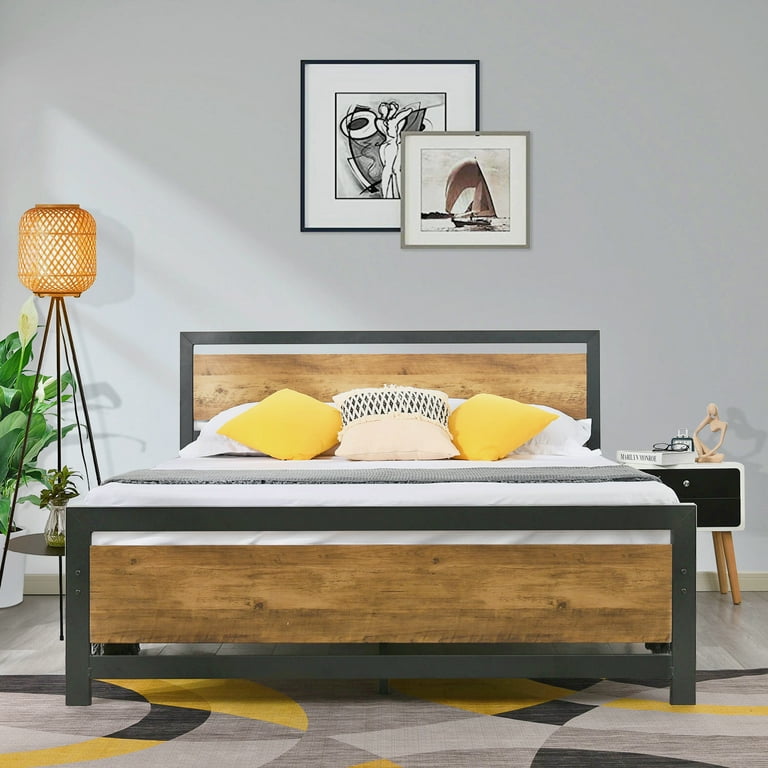 Queen Black Bed Frame with Wooden Headboard Rustic Bed Frame with Footboard Queen Size Platform Bed Frame Metal Country Brown