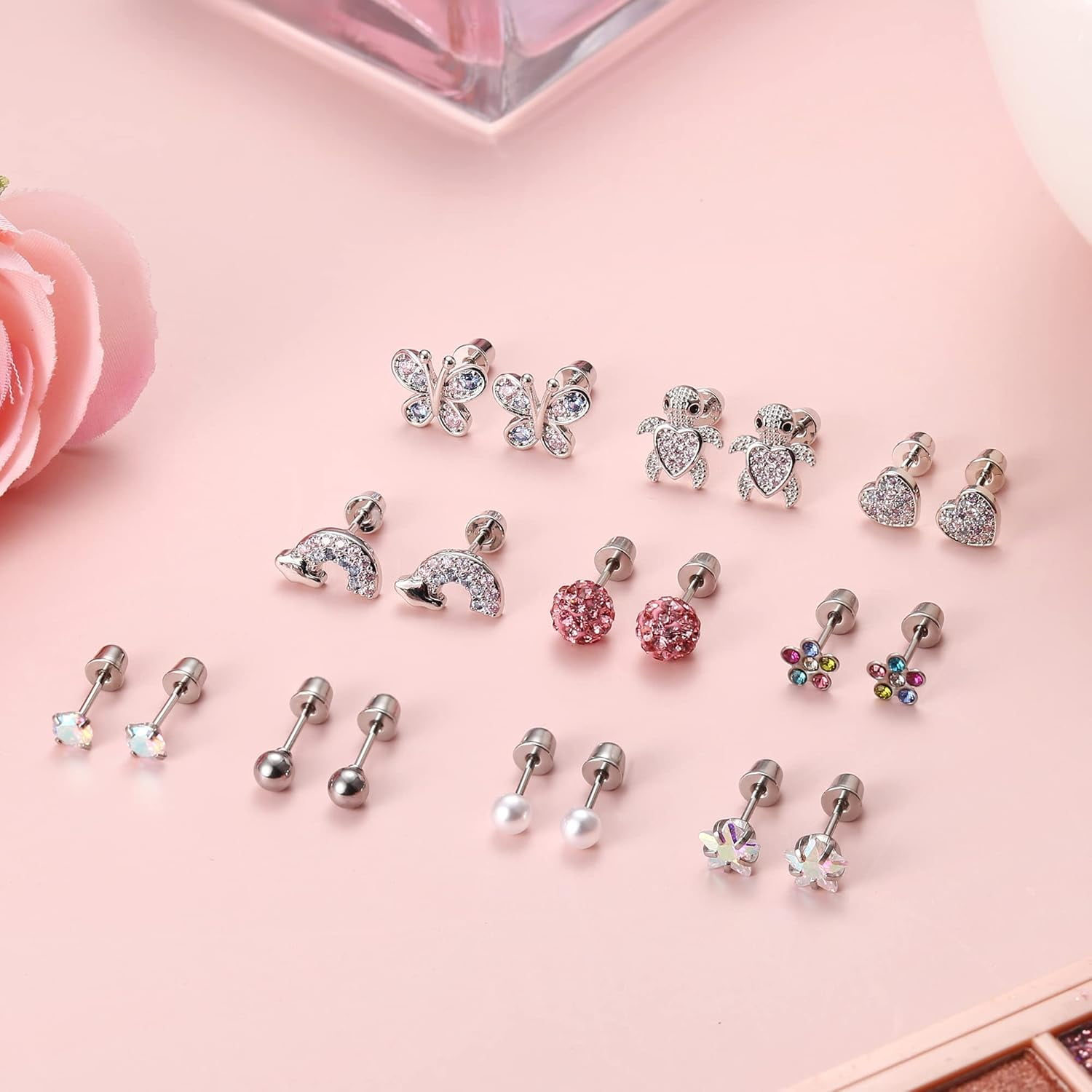 Screw Back Hypoallergenic Earrings for Women Cute Pink Colorful Surgical Steel Screwback Stud Earrings Set Fit Mom Dauther age：over 3 years old COLORFUL COLORFUL COLORFUL COLORFUL