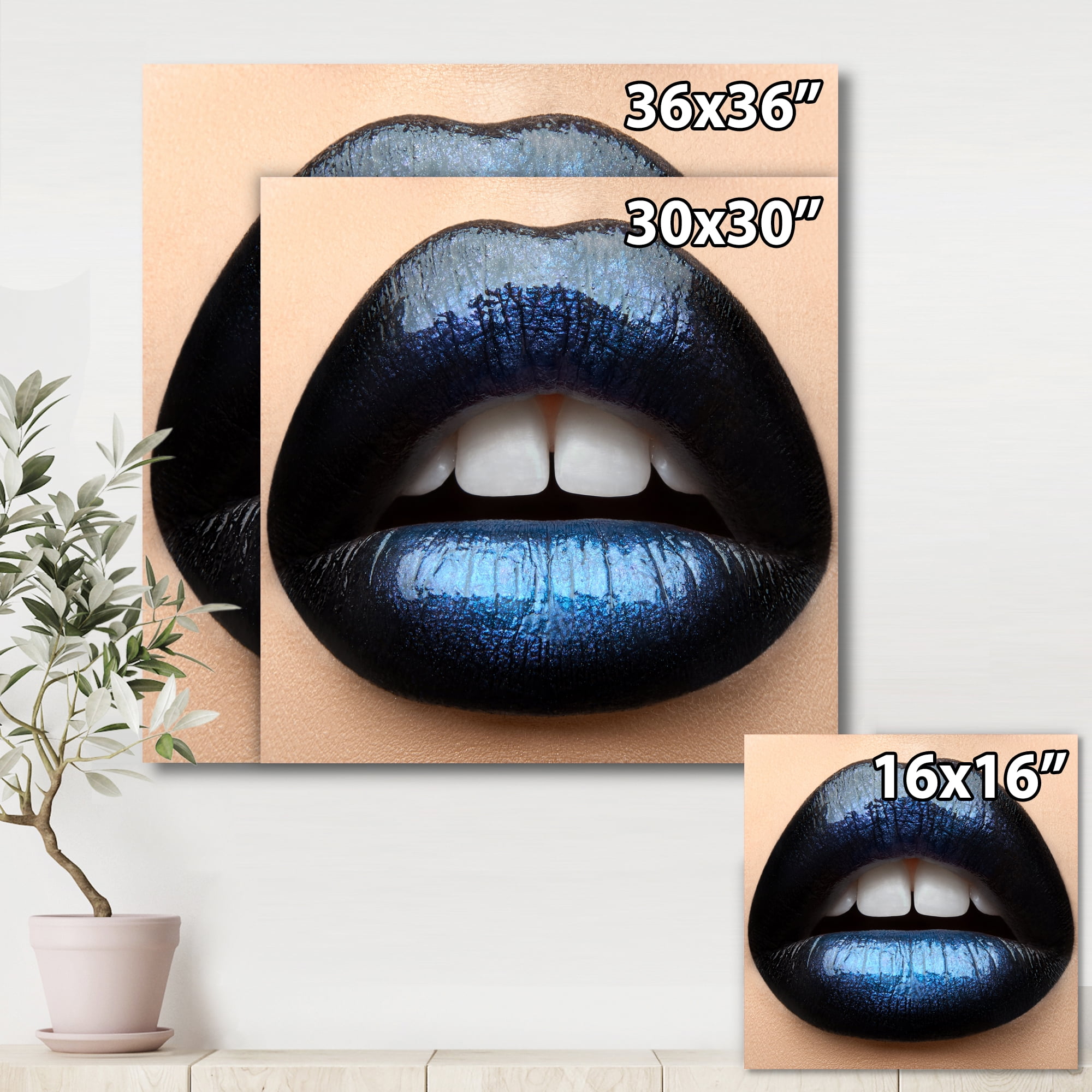 Designart ' Girl Lips With Black and Blue Lipstick ' Modern Canvas Wall Art Print