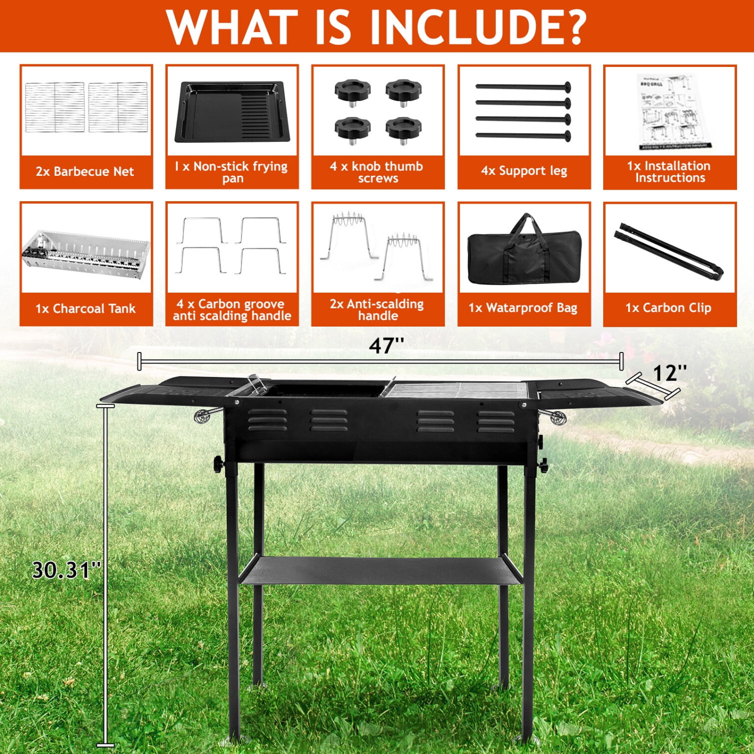 Charcoal Grills, Portable BBQ Griddle, Foldable Kabob Barbecue with Storage Shelf and Carry Bag for Outdoor Hibachi BBQ Lamb Skewer Camping Barbecue Grill in Garden Backyard Party Picnic Travel