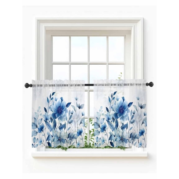 Blue Ombre Floral Tier Curtains 24 Inch Length,Sheer Curtains for Bedroom Living Room Window Spring Elegant Flowers Watercolor Rod Pocket Drapes Kitchen Curtains Small Half Window 27.5"x24" 2 Panels