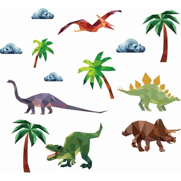 Geometric Dinosaur Wall Decal Dinosaur Themed Stickers with Cocoanut Clouds Vinyl Dinosaur Clings Dino Stickers Decals Peel and Stick DIY Wall Art Decor Decals Murals for Kid's Room for DIY