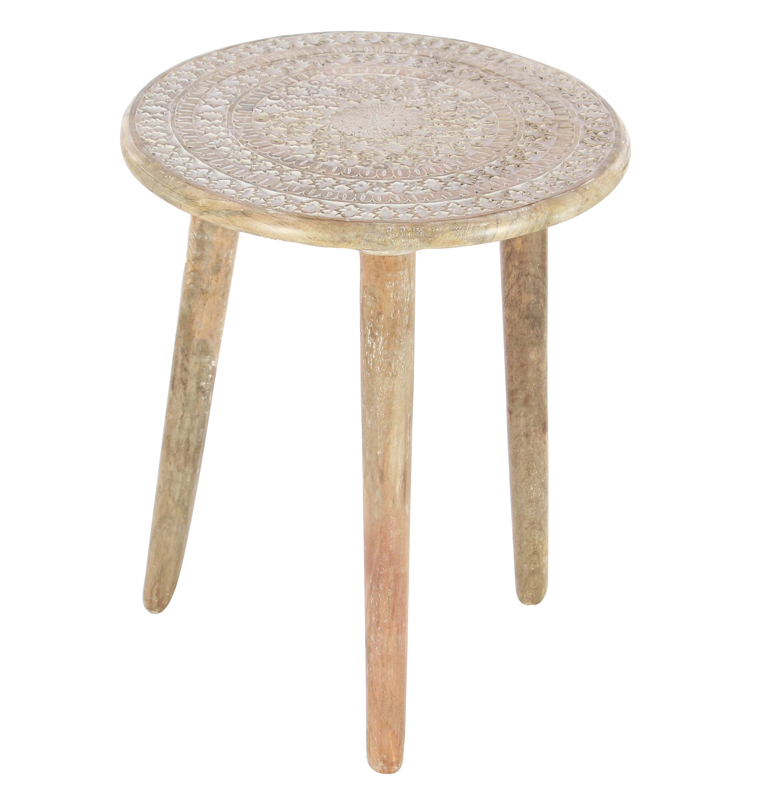 DecMode Round Natural Wood Accent Table With Carved Patterned Center