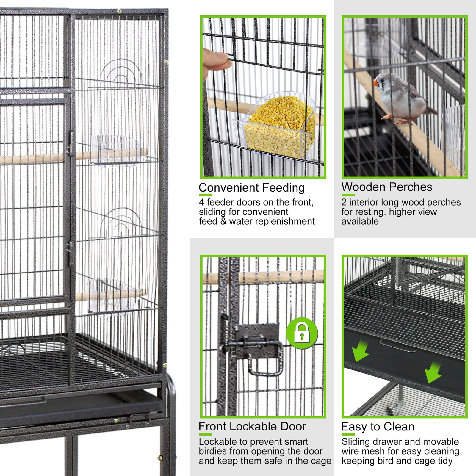 LINJH 53-inch Bird Cage w/Rolling Stand & Storage Shelf Large Wrought Iron Parrot Cage-Black