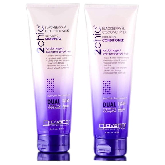 Giovanni 2chic Repairing Shampoo & Conditioner Set, 8.5 oz. Blackberry & Coconut for Dry, Damaged & Processed Hair, Enhanced with Argan, Jojoba, Shea Butter & Keratin, Sulfate Free, Color Safe