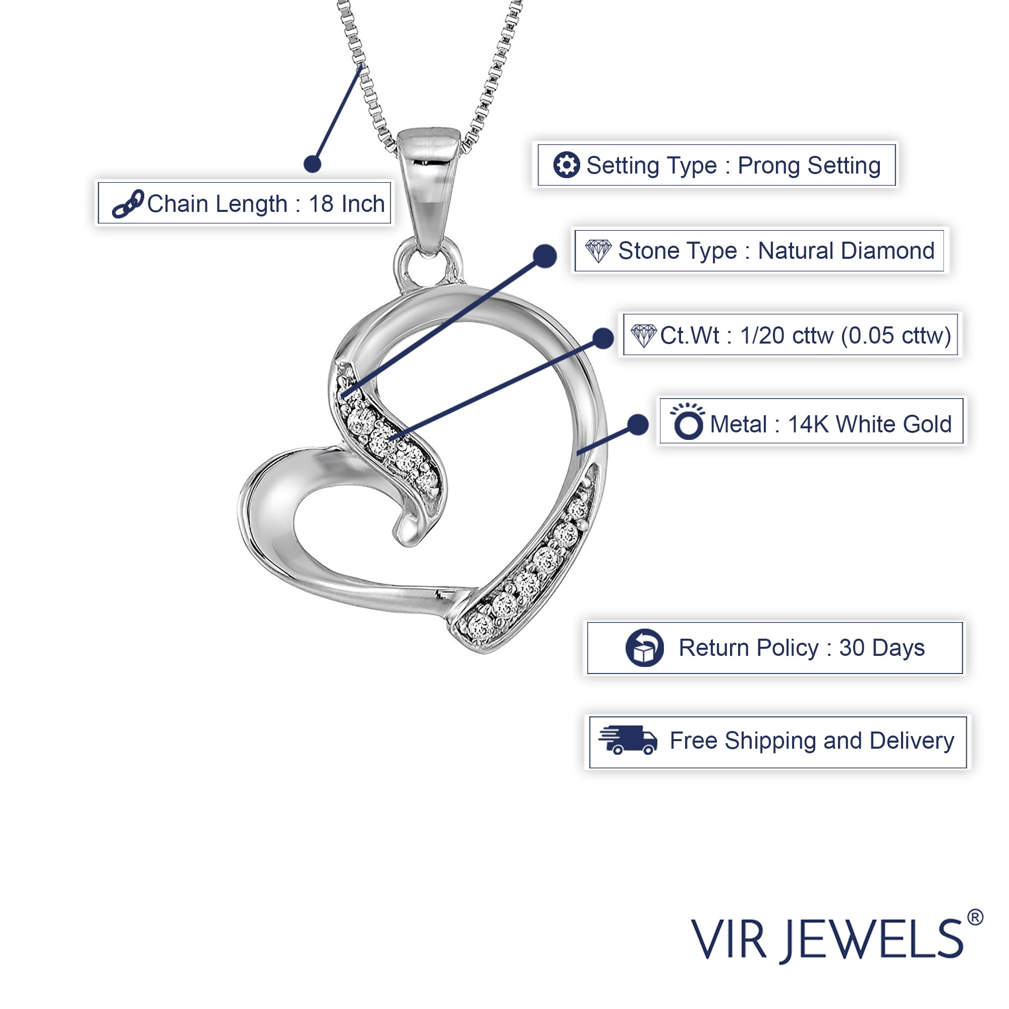 Vir Jewels 1/20 cttw Diamond Pendant, Diamond Heart Pendant Necklace for Women in 14K White Gold with 18 Inch Chain, Prong Setting For Female Adult