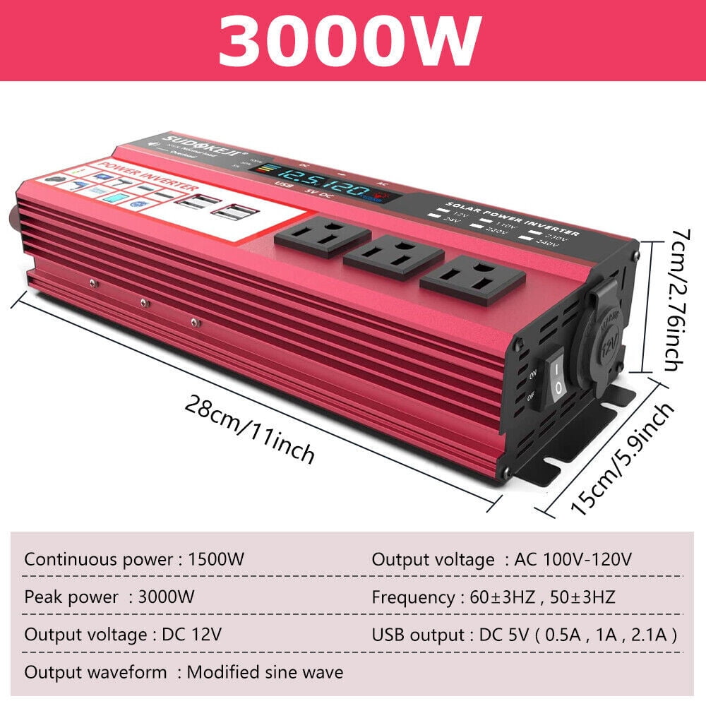 Car Power Inverter 4000W DC 12V To AC 110V 120V Converter 4USB Off Grid Boat LCD