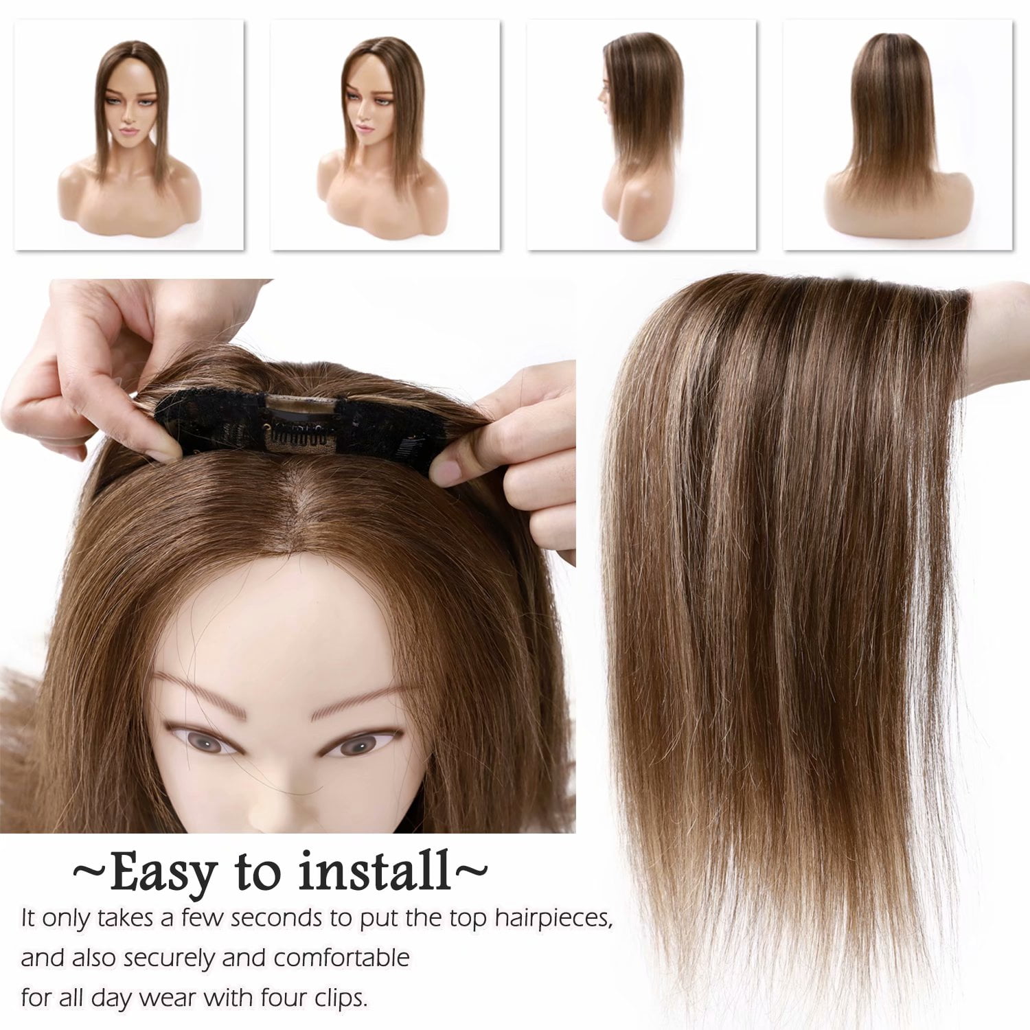 Benehair 100% Human Hair Extensions Clip In Topper Toupee Hairpiece Silk Base for Women Remy Hair 6"-14" Highlight Blonde US