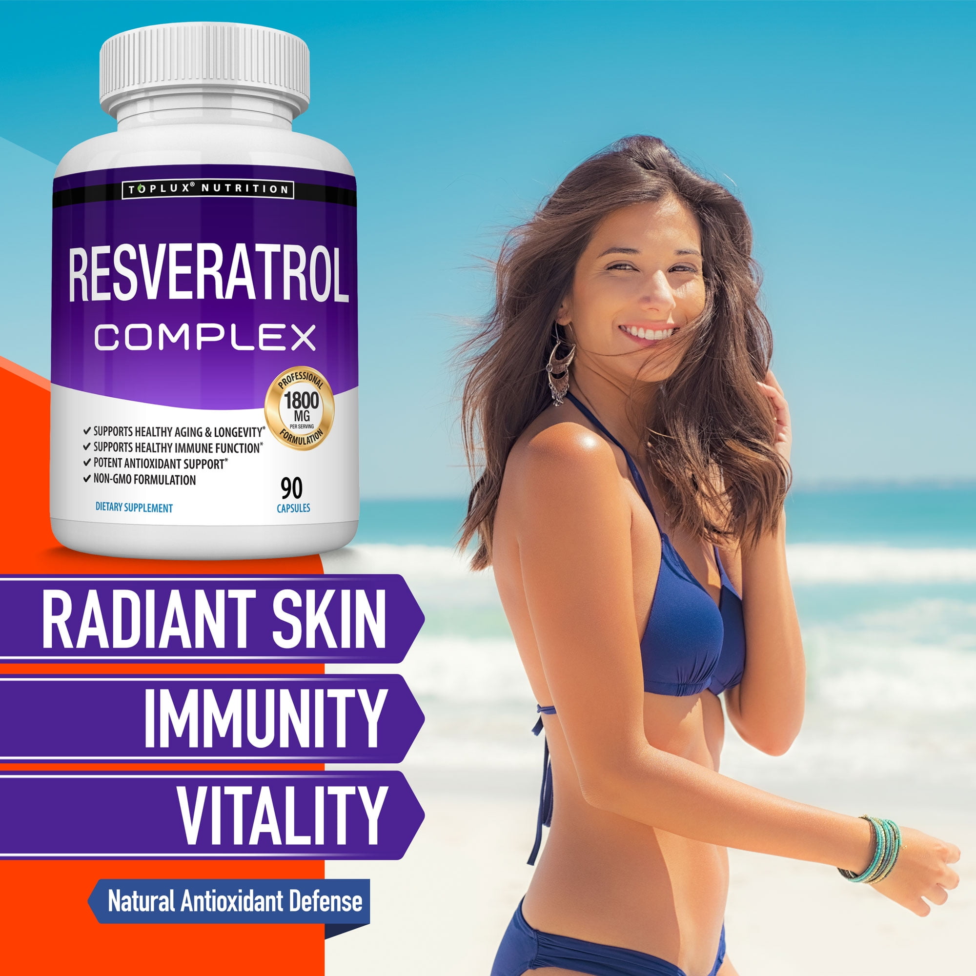 Toplux Resveratrol Supplement 1800mg Trans-Resveratrol for Antioxidant Anti-Aging Support 90 Capsules
