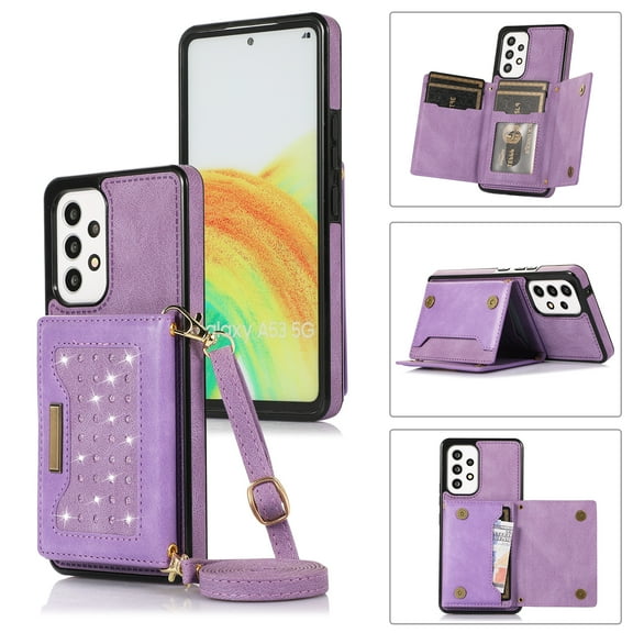 ELEHOLD Stylish Wallet Case for Samsung Galaxy A53 5G Flip Card Slots Diamond Bling Sparkle Design RFID Blocking Detachable Shoulder Strap for Girls Women Purse Case, Purple