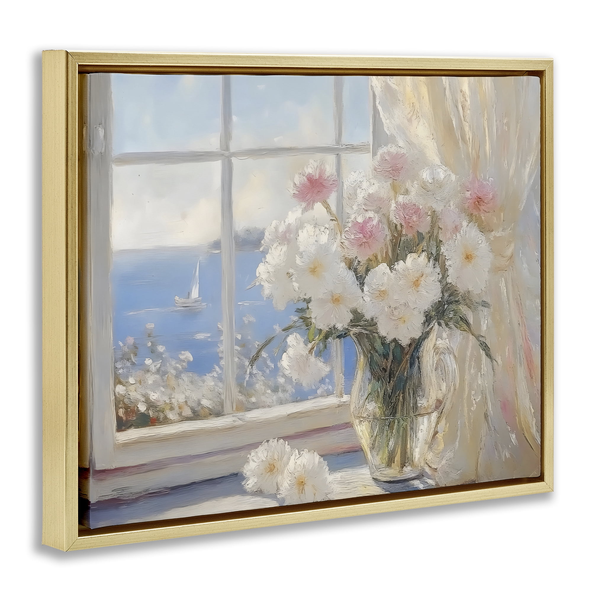 Stupell Industries Coastal View Floral Window Bouquet Gold Framed Floater Canvas Wall Art, design by LSR Design Studio
