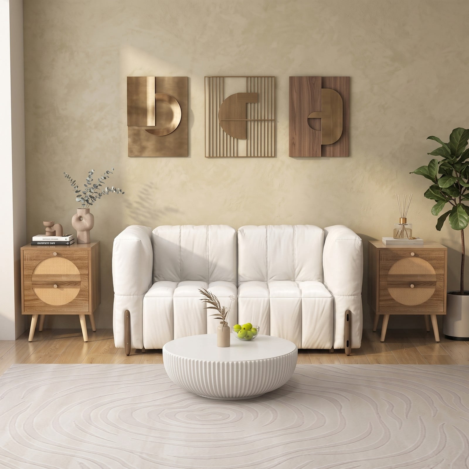 Furnibear Set of 2 Rattan Nightstands with 2 Drawers and Raised Solid Wood Legs for Bedroom Living Room and Guest Room, Natural