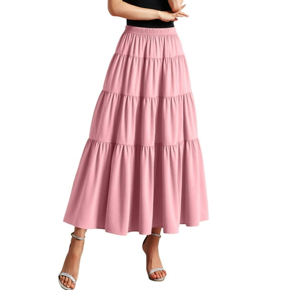 MIXUE Skirts For Women Summer Solid Color Elastic High Waist A Line Casual Maxi Skirt Activewear,Pink,One Size