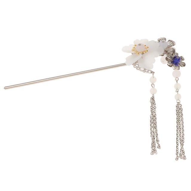 Retro Floral Tassel Bead cabellero Palillo Horquilla Chino Japonés - Blanco Fernando Palo chino antiguo del pelo