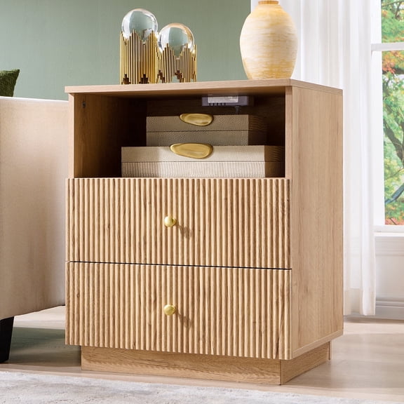Aitjunz Nightstand with Charging Station, Wood Fluted 21.65" Wide End Table with 2 Drawers for Bedroom, Living Room