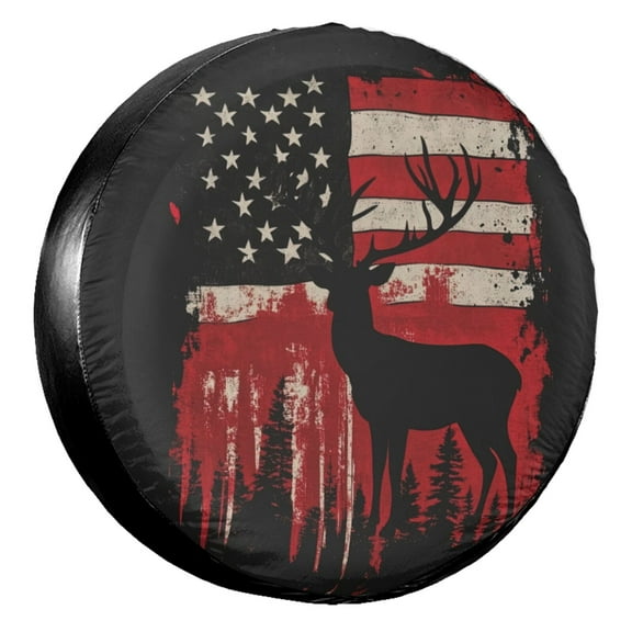 KAKALAD American Flag Deer Hunting 01 Spare Tire Cover Wheel Protectors Weatherproof Universal Vehicle Dust-Proof for Trailer Rv SUV Truck Camper Travel Trailer Accessories 14 ” Inch