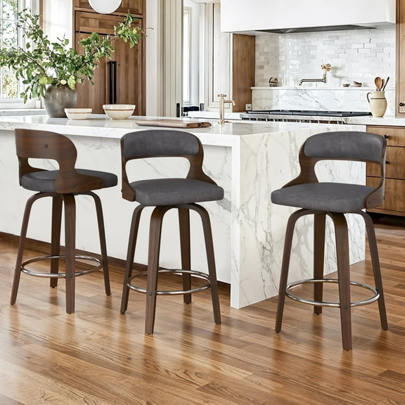Dycanpo 26”Bar Stools Swivel, Wood Counter Height Bar Stools Set of 3 for Home Kitchen, Gray