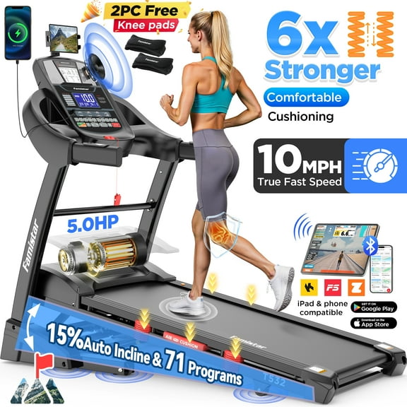 Famistar 5.0HP Folding Treadmill for Home with 15 Auto Incline, Smart APP, 300lbs, HiFi Bluetooth Speakers, 64 Programs, 10MPH Speed, Foldable Electric Treadmill Running Machine, Knee Strap Gift