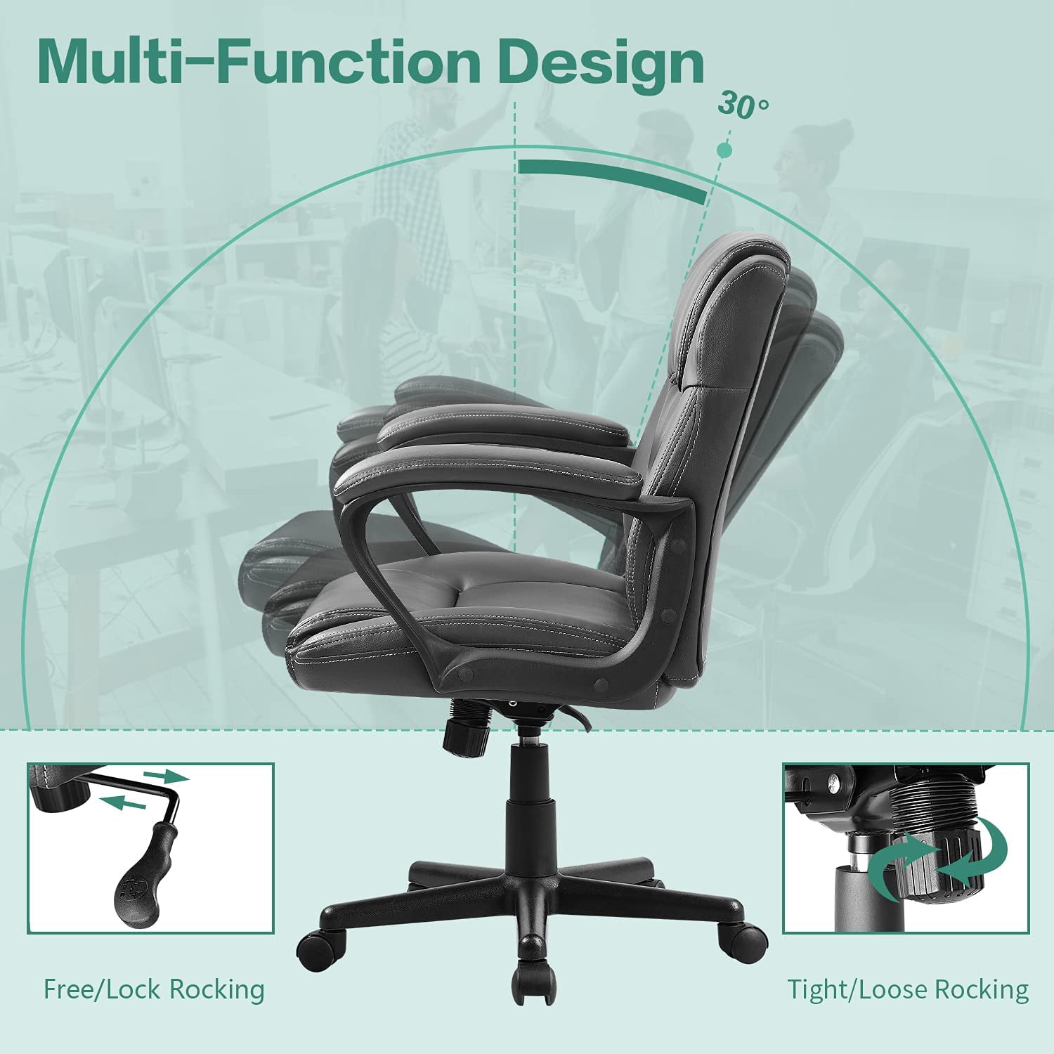Lacoo Faux Leather Mid-Back Executive Office Desk Chair with Lumbar Support, Gray