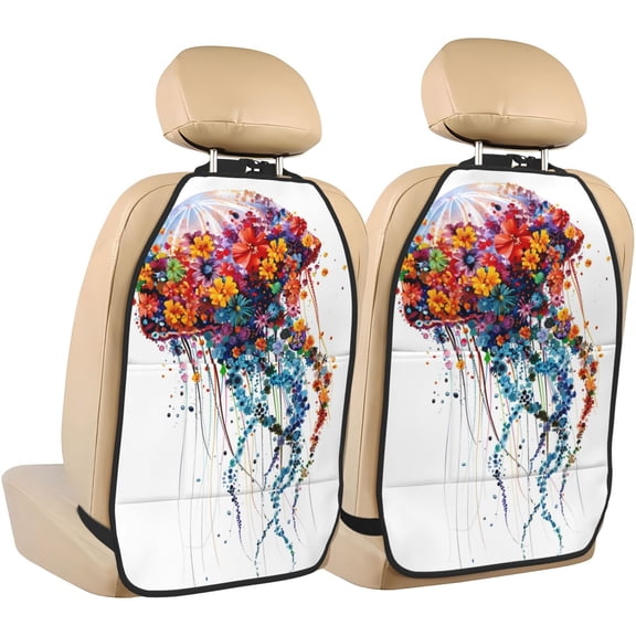Xecao Colorful Floral Jellyfish Pattern Car Seat Back Protector 2 Pack Large Capacity Pocket, Kick Mats Back Seat Protector
