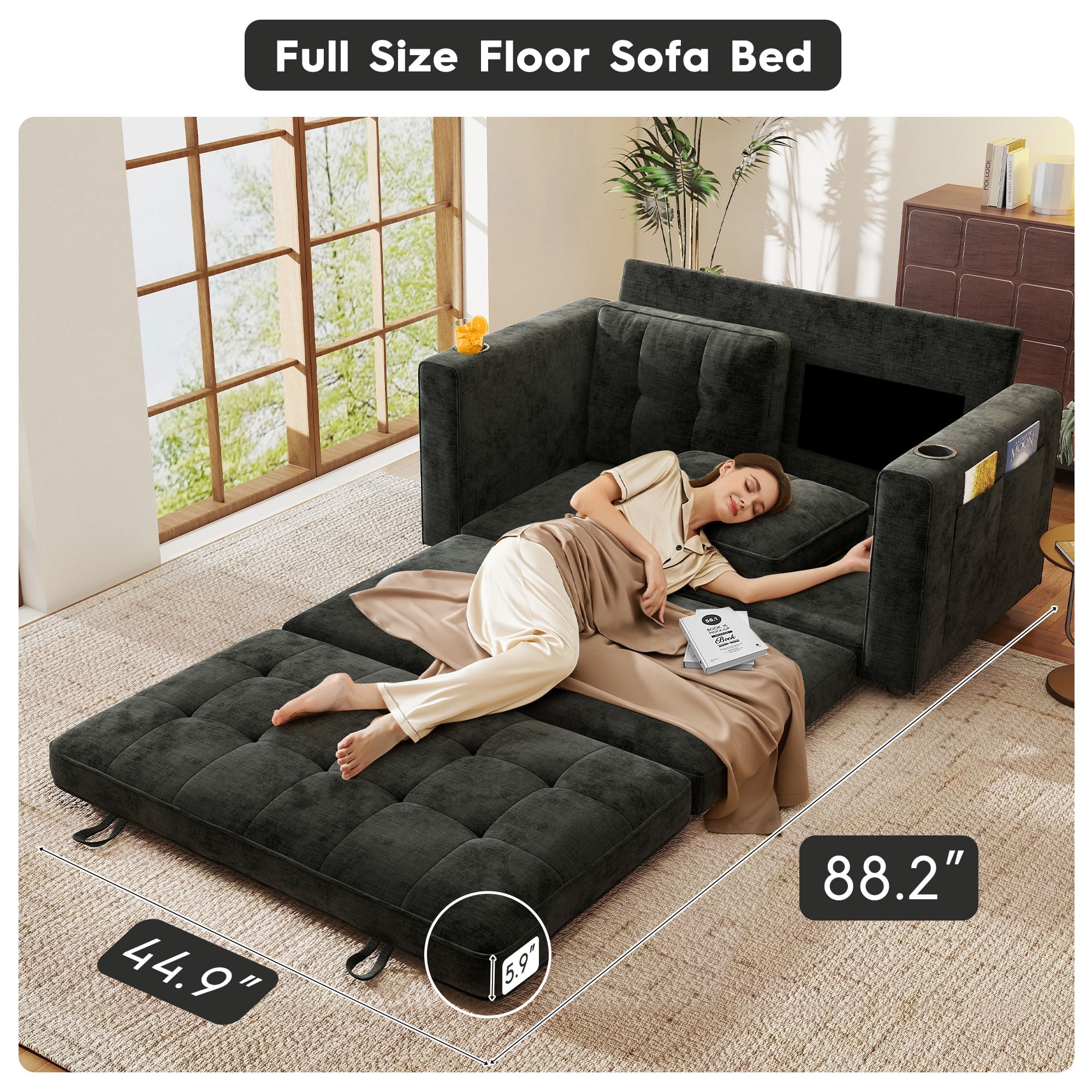 BedLuxury 55" Foldable Loveseat Futon Sofa Bed with Cup Holder & Storage Pocket, Sleeper Couch, Space Saving, Chenille Black