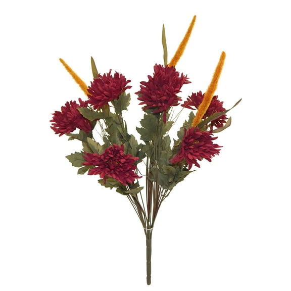 Burgundy Wine Red Mum Cattail 26in Artificial Polysilk Faux Fake Flower Rustic Mixed Greenery Bush for Craft Home Bouquet Arrangement Ceremony Wedding Arch Floral Wall Aisle Decor (Burgundy, Set of 2)