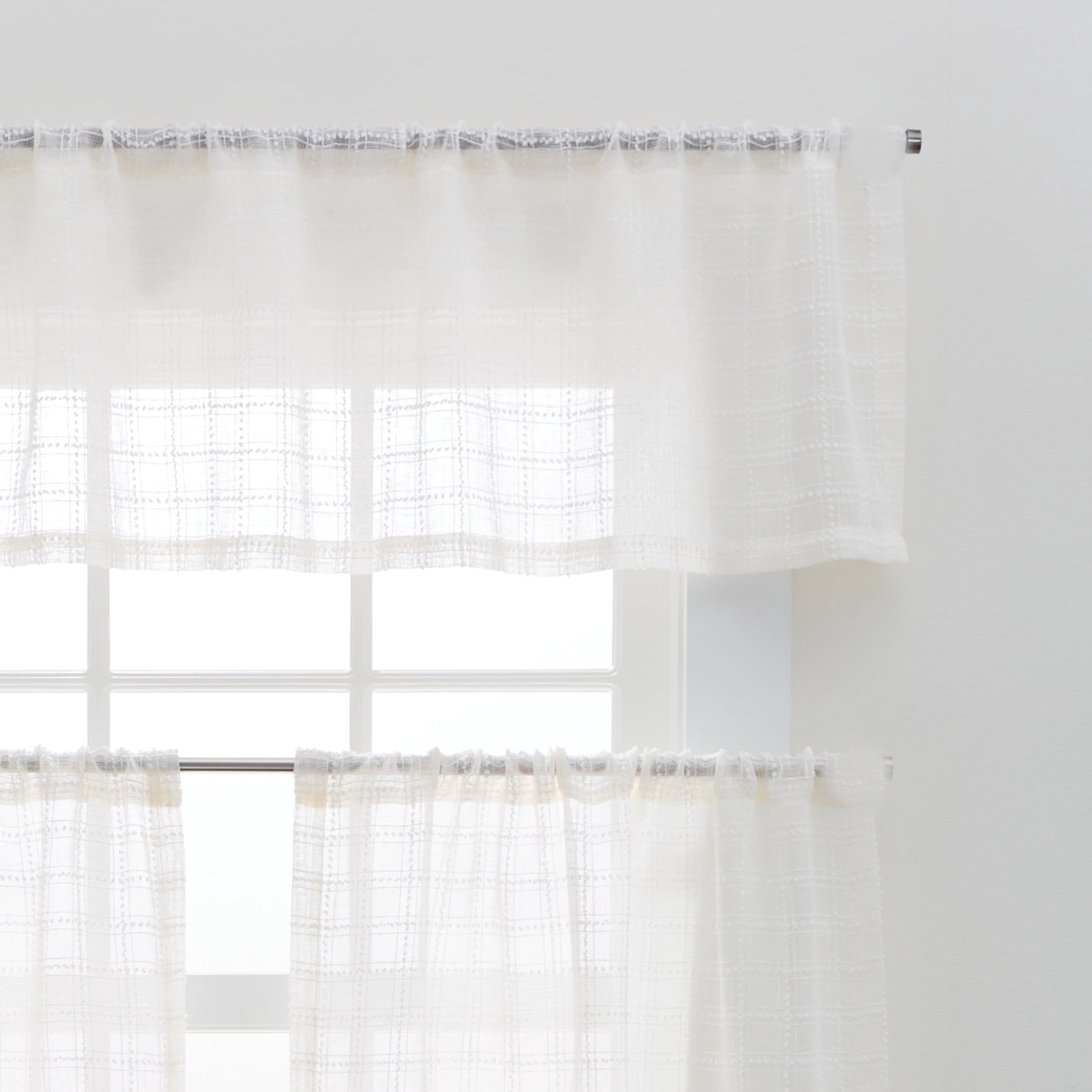 Better Homes & Gardens Tonal Windowpane Valance & Tier Set, 3 Piece Indoor Curtain, Soft Silver, 60"W x 36"L, Adult