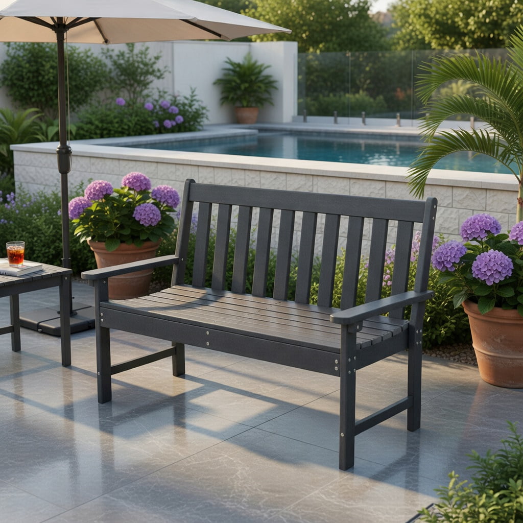 Hommoo 52" All-Weather HDPE Outdoor Bench with Backrest & Armrests, Heavy-Duty Garden, Porch, Backyard Seating, Gray