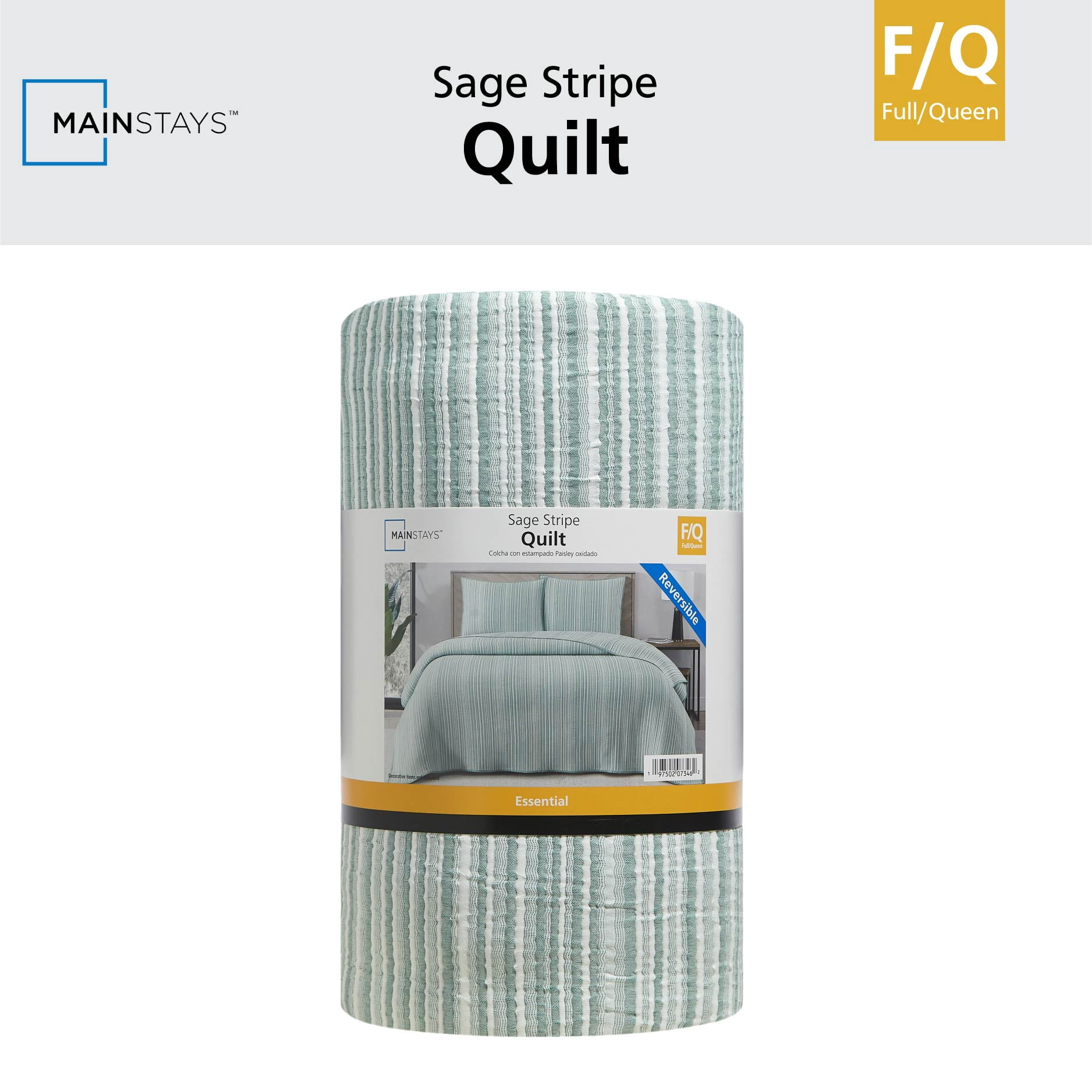 Mainstays Essentials Full/Queen Stripe Quilt, Green Coverlet, Lightweight & Reversible Bedding