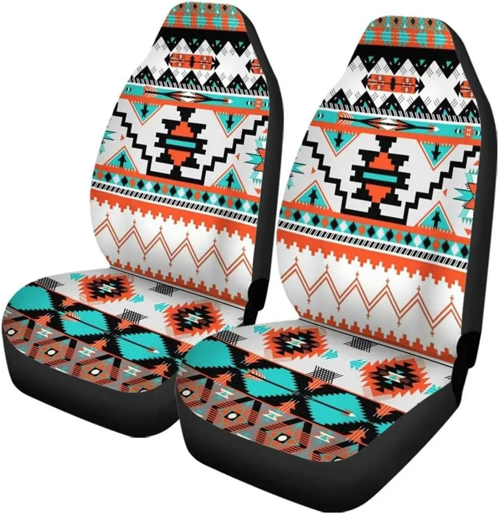 Southwestern Native American Car Floor Mats + Steering Wheel Cover + Seatbelt Pads Set Of 7, Universal Fit For Most Cars