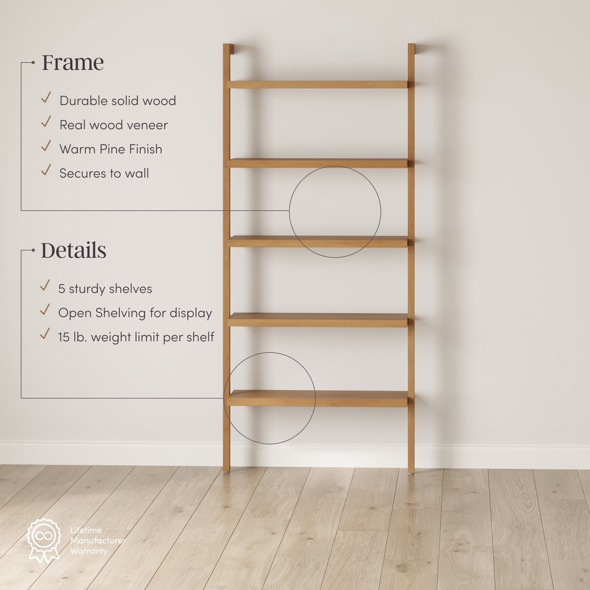 Nathan James Beacon Bohemian 5 Tier Bookshelf, Wall Mounted Bookcase, Solid Wood Bookshelf in Warm Pine