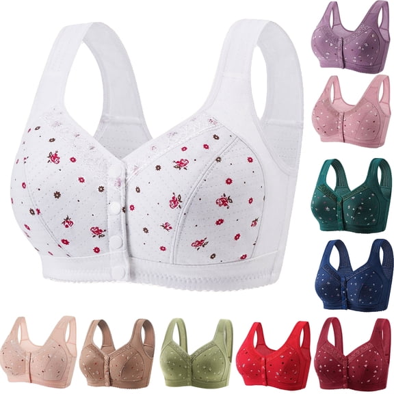 Tqyyweavej Plus Size Floral Bras for Older Women Front Close Oversized Full Coverage Push Up Bras Lace Cotton Breathable No Underwire Bras