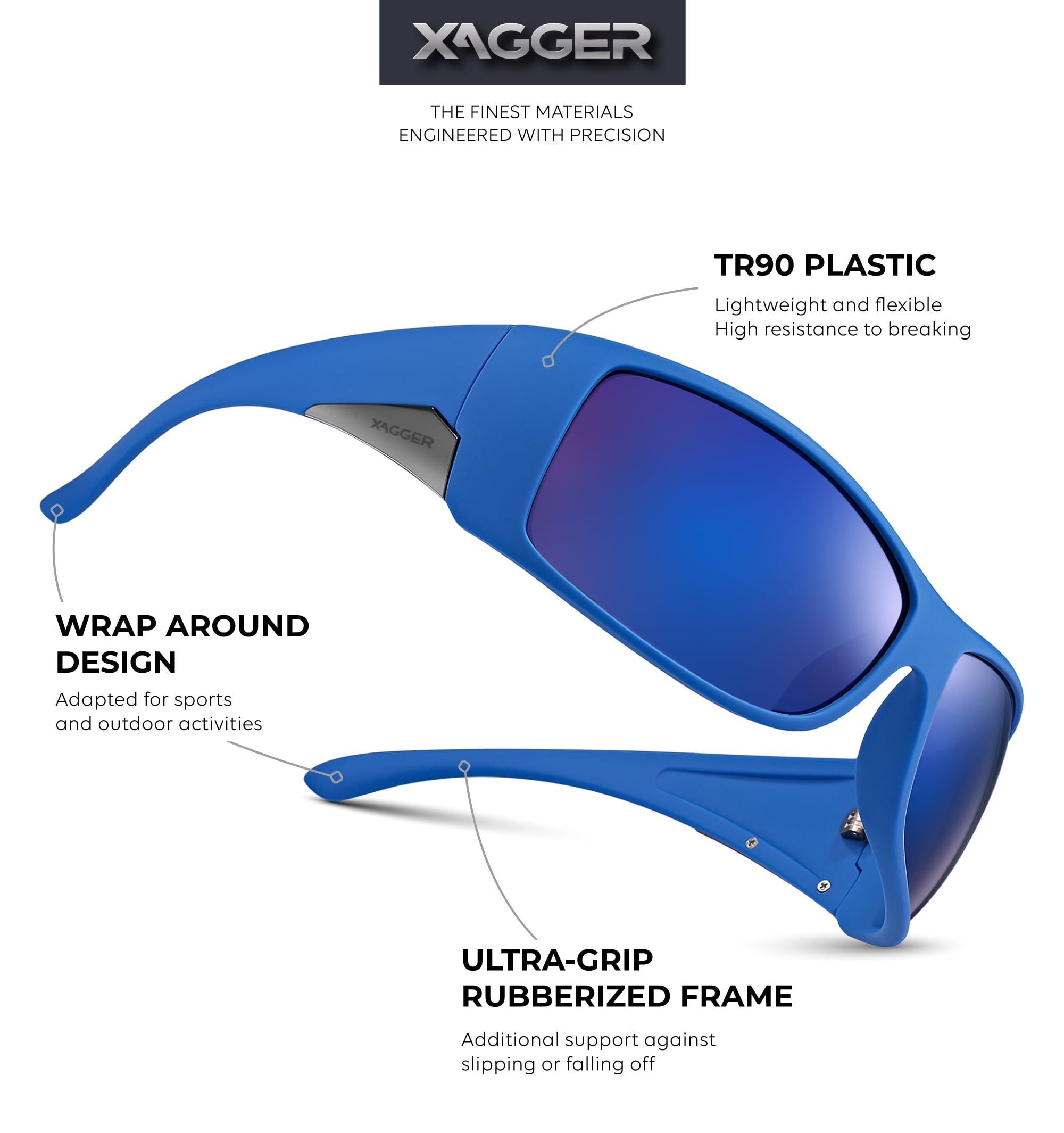 Xagger Oversized Wrap Around Sport Polarized Sunglasses for Men - Rectangular  Driving Fishing Golf Sports Sun Glasses made of Flexible TR90 Plastic 