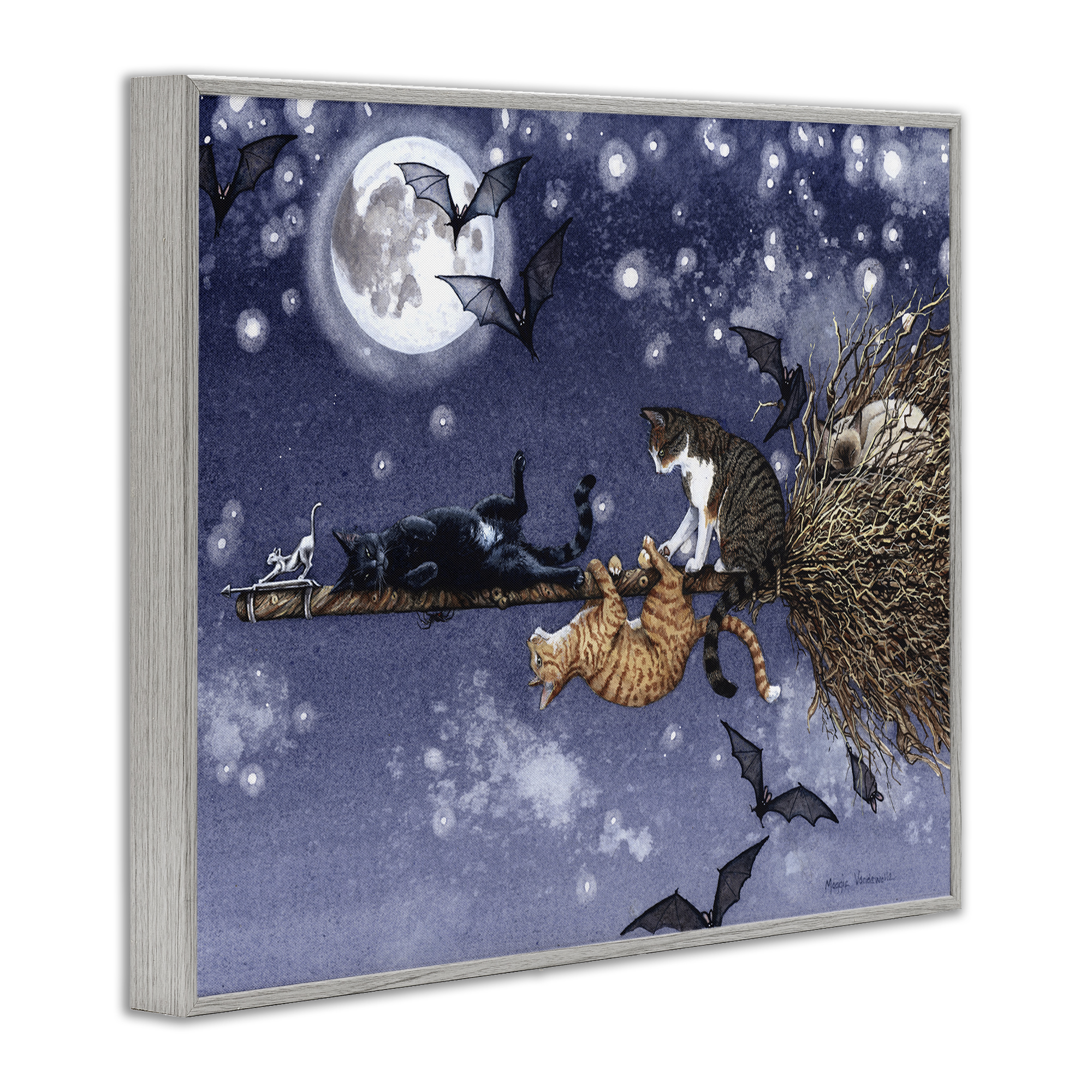Stupell Industries Joyriding Cats on Broom Holiday Painting Gray Framed Art Print Wall Art, 30 x 24