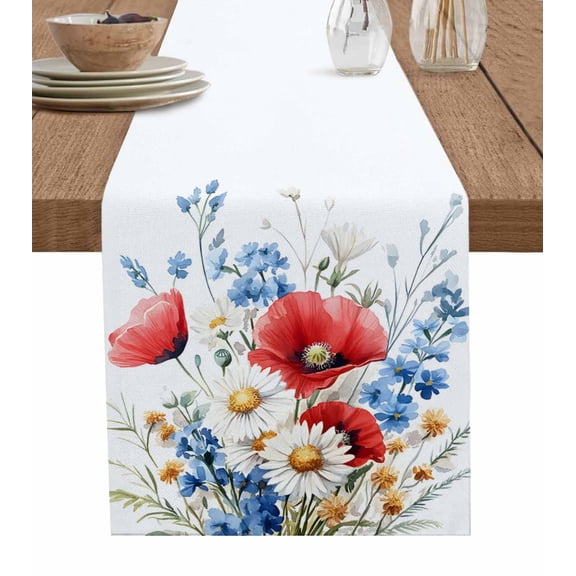 Red Poppy Flower Table Runner 72 Inches, Country Blue White Botanical Floral Bed Runner Dresser Scarves Tabletop for Indoor Outdoor Parties/Ceremony/Banquet, 13" x 72"