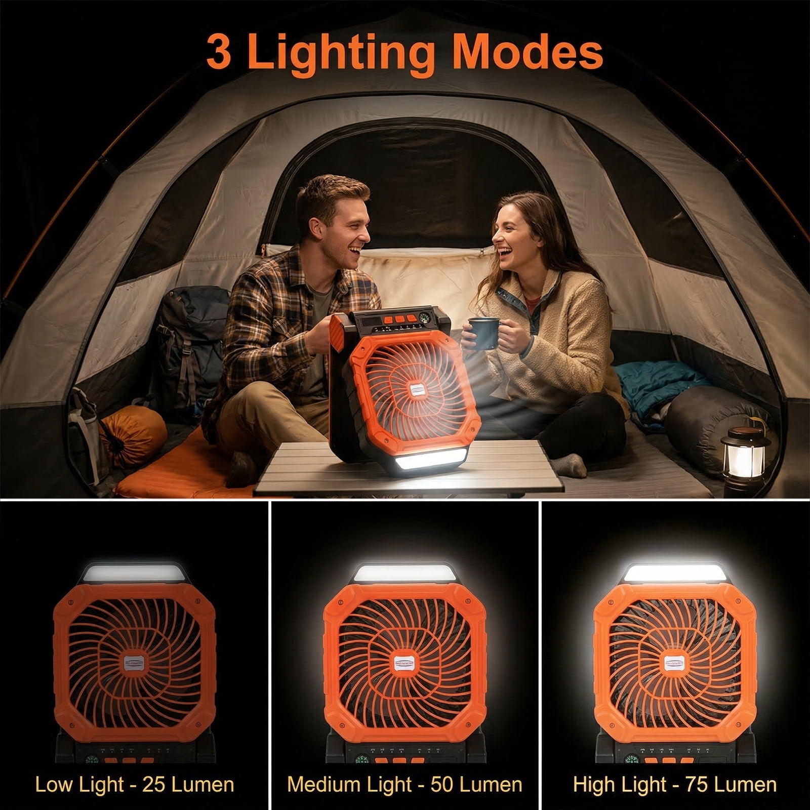 Fohil 20000mAh Solar Camping Fan with LED Light, Solar/USB Charging, 4-Speed Fan,3 Timer Settings, Phone Charging for Camping Fishing Travel Outdoor, Orange