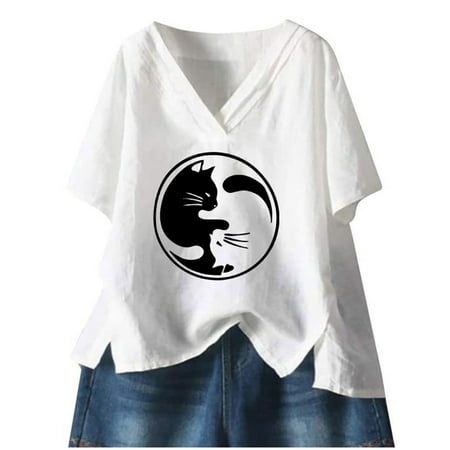 

Womens Plus Size Cute Print Tops Casual Loose Fit V-neck Pullover Blouse Shirts with Split Hem S-3XL Short Sleeve Summer Tops for Leggings