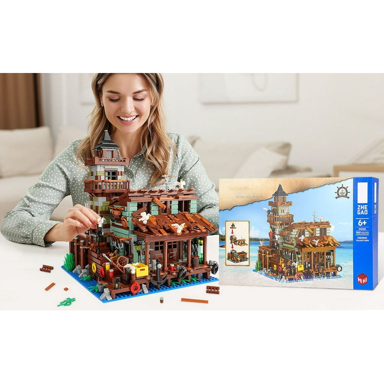 Fishing Village Store House Building Set with LED Light, 1881 PCS Wood  Cabin Mini Building Block, STEM Architecture Toys Kit, Birthday Gift for  Adults