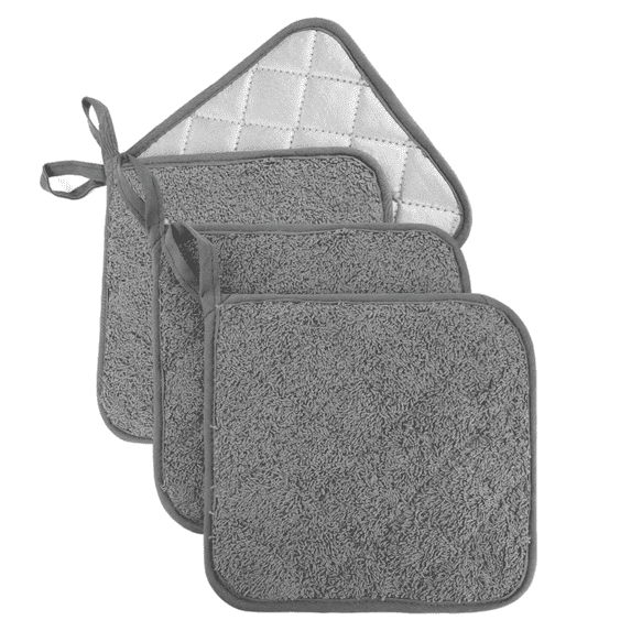 4 Pack Heat Resistant Pot Holders For Kitchen 7 Inch Quilted Terry Cloth Hot Pads Oven Mitts For Cooking Baking Cast Mat,Grey