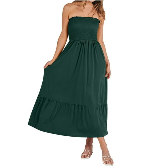 GEWSEY Women's Striped Back Smocked Maxi Dress Sexy Spaghetti Strap Cut Out Flowy Swing Long Dress Dark Green, M