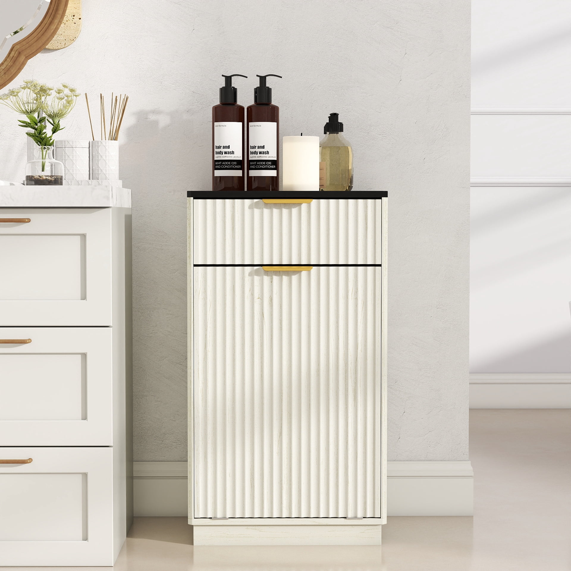TrumanPick Single Tilt Out Trash Can Cabinet for 10 Gallon Pull-Out Waste Bin, Free Standing Kitchen Trash Can with Drawers, Ancient White