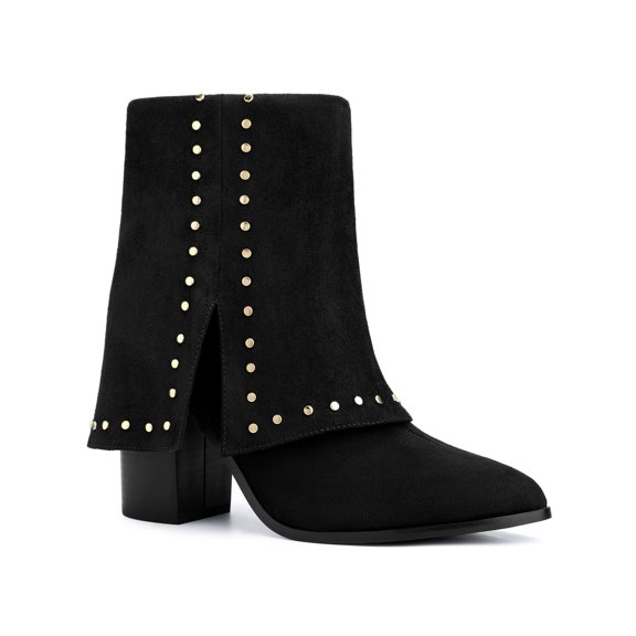 BLISSFUL STEP Women's Boots Studded Faux Suede Pointed Toe Chunky Heel Zipper Booties Black 9